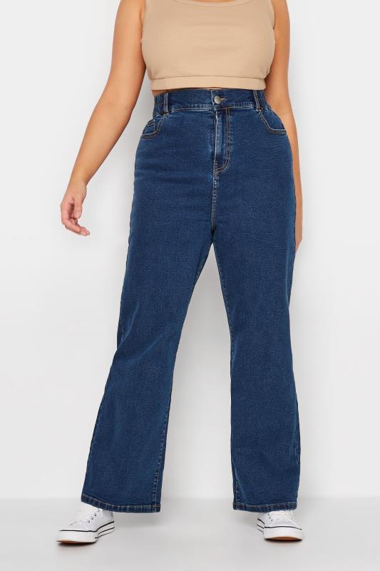 YOURS Plus Size Blue Elasticated Waist Stretch Wide Leg Jeans | Yours Clothing  1