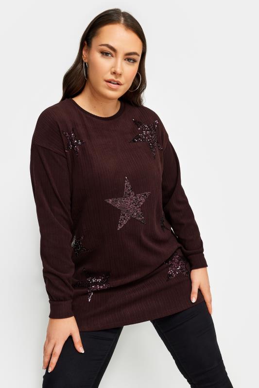 YOURS LUXURY Curve Dark Red Star Sequin Sweatshirt | Yours Clothing 1