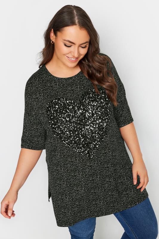 YOURS Plus Size Black Heart Sequin Embellished Top | Yours Clothing 1