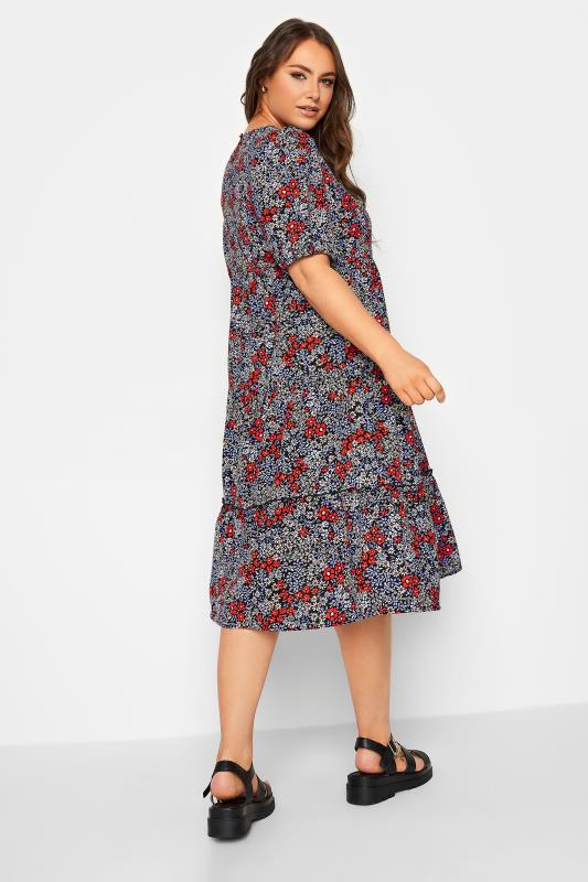 YOURS Curve Plus Size Blue & Red Floral Short Sleeve Midi Dress | Yours Clothing  3
