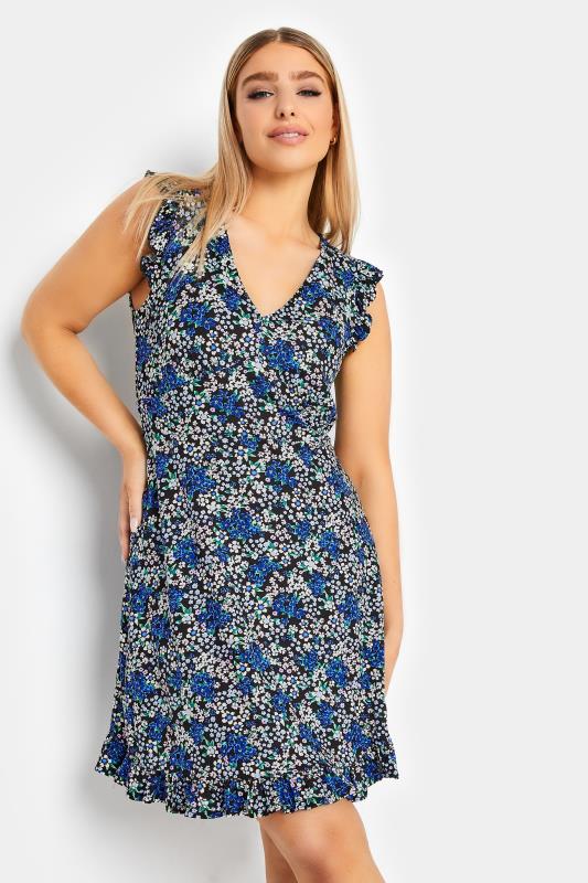 Women's  M&Co Blue Floral Print Frill Sleeve Mini Dress