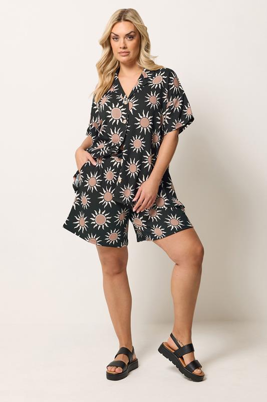 YOURS Plus Size Black Sun Print Shorts | Yours Clothing 1