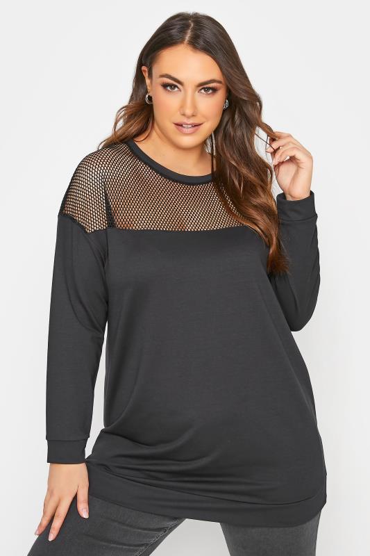 Plus Size Black Mesh Panel Sweatshirt | Yours Clothing  1