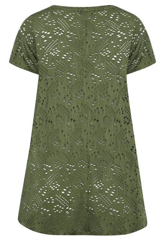 YOURS Curve Plus Size Khaki Green Broderie Anglaise Swing V-Neck T-Shirt | Yours Clothing  7