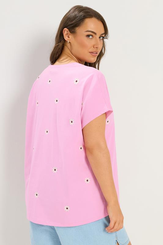 YOURS Plus Size Light Pink Embroidered Daisy T-Shirt | Yours Clothing 2