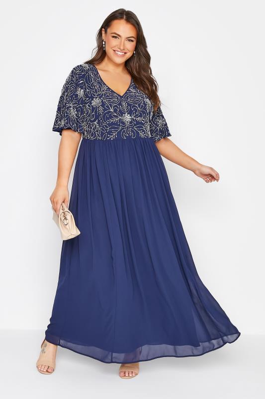 LUXE Plus Size Navy Blue Floral Hand Embellished Maxi Dress |  Yours Clothing 1
