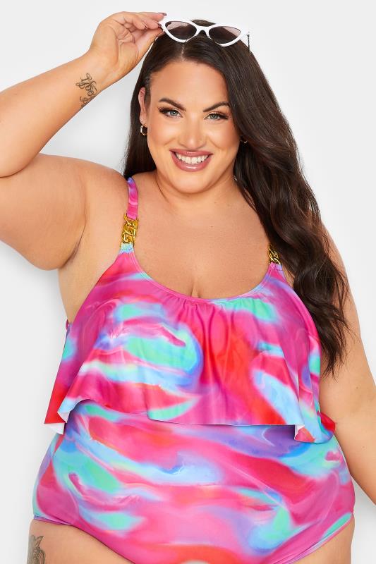 YOURS CurvePink Swirl Print Frill Chain Tummy Control Swimsuit | Yours Clothing 12