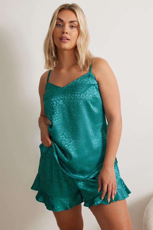 Plus Size  YOURS Curve Green Leopard Print Satin Pyjama Set