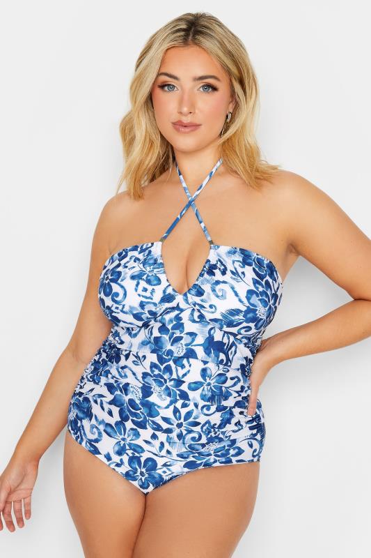 YOURS Curve Plus Size Blue Floral Print Cross Tummy Control Swimsuit | Yours Clothing  8