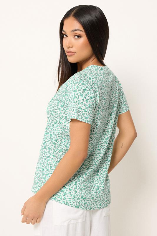 M&Co Petite White & Green Leaf Print Cotton Henley Top | M&Co 2