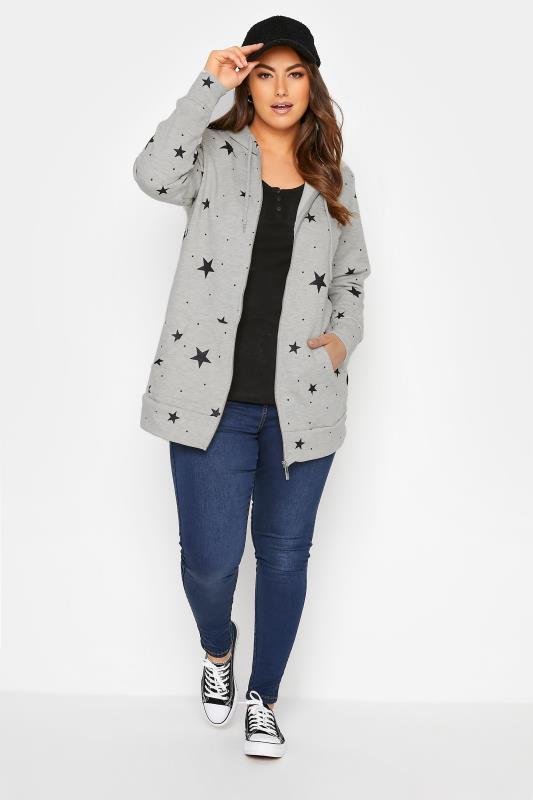 Plus Size Grey Star Print Zip Through Hoodie | Yours Clothing  2