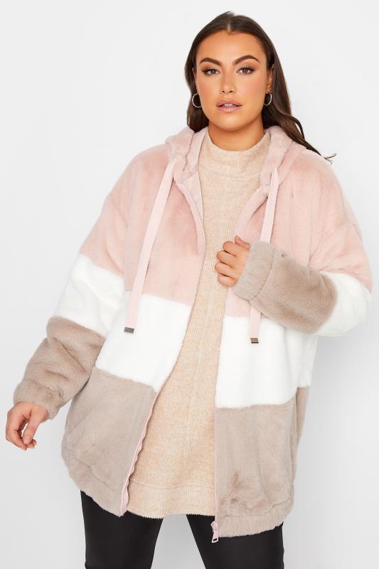 YOURS LUXURY Plus Size Pink Colour Block Faux Fur Hooded Coat | Yours Clothing 1