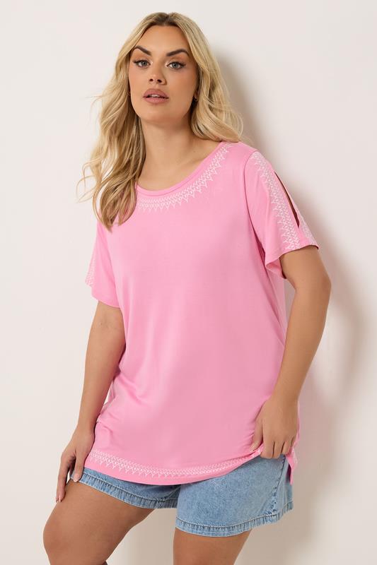  YOURS T-shirt rose brodé à épaules dénudées