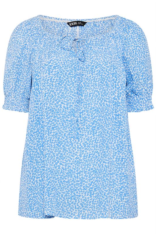 YOURS Plus Size Blue Ditsy Floral Tie Neck Blouse | Yours Clothing 5