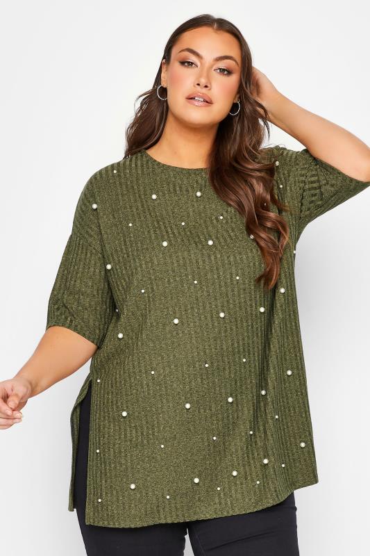 Plus Size Khaki Green Pearl Embellished Split Hem T-Shirt | Yours Clothing 1