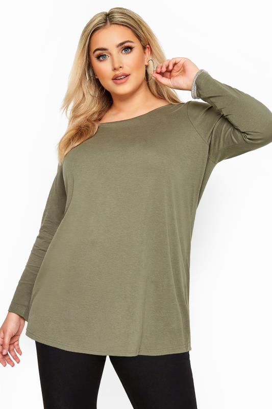 Curve Khaki Green Cotton Long Sleeve T-Shirt 1