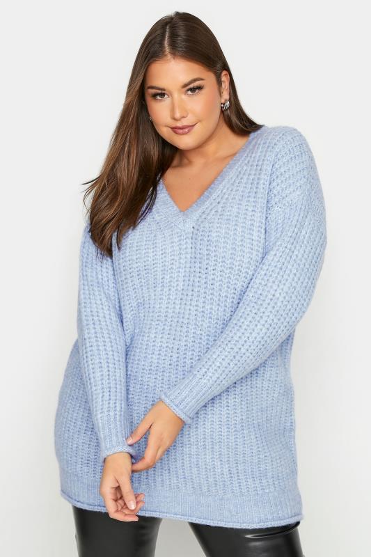 Plus Size  Blue V-Neck Knitted Jumper
