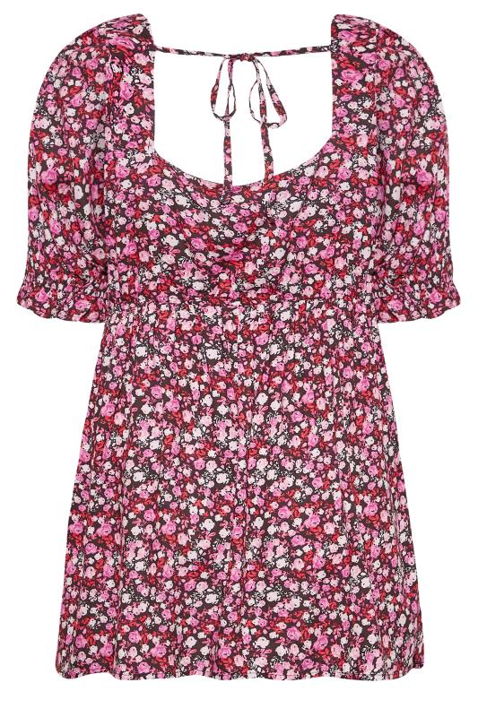 Plus Size Pink Floral Sweetheart Puff Sleeve Top | Yours Clothing 8