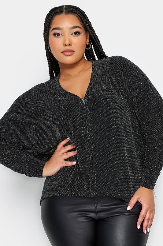 YOURS Plus Size Black & Silver Glitter Zip Through Top | Yours Clothing 1