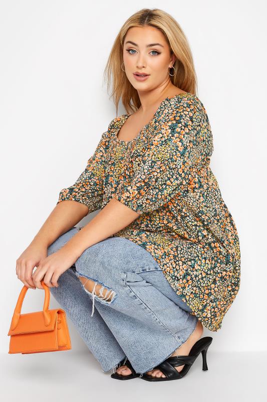 Plus Size Black & Orange Floral Print Bardot Top | Yours Clothing  4