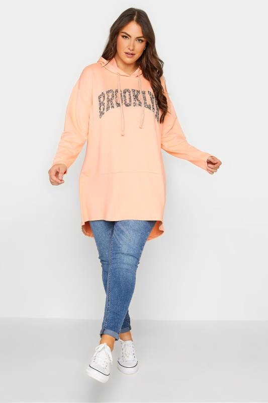 YOURS Plus Size Curve Light Orange 'Brooklyn' Slogan Longline Hoodie | Yours Clothing  2