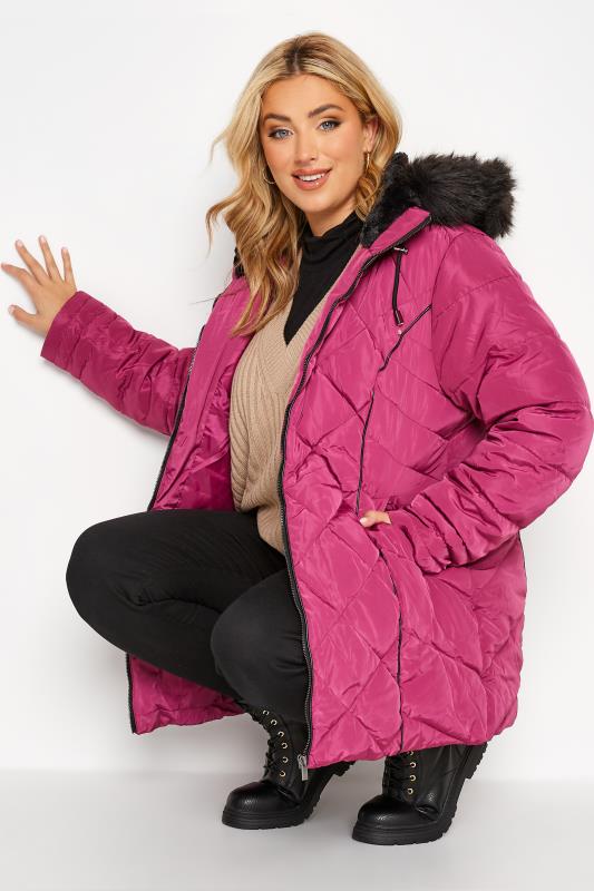 Plus Size  YOURS Curve Pink Panelled Puffer Jacket