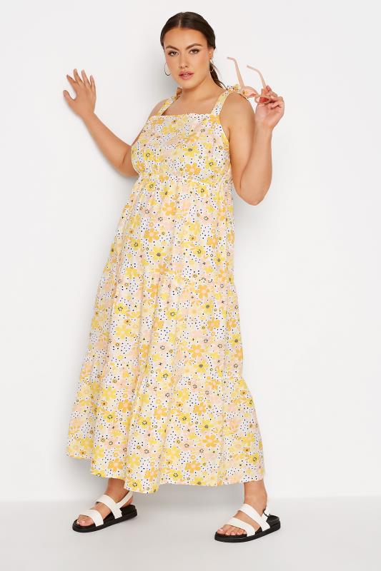 LIMITED COLLECTION Plus Size Yellow Retro Floral Tiered Strappy Sundress | Yours Clothing 2