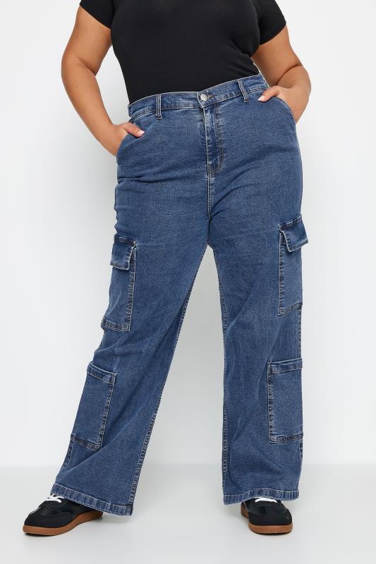  Grande Taille LIMITED COLLECTION Curve Blue Mid Wash Wide Leg Cargo Jeans