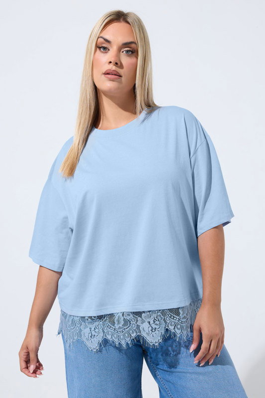 LIMITED COLLECTION Plus Size Light Blue Oversized Lace Hem T-Shirt
