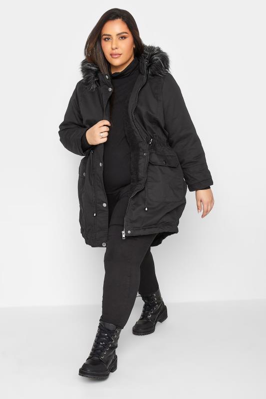 YOURS PETITE Plus Size Black Faux Fur Trim Hooded Parka Coat | Yours Clothing 2