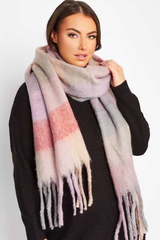 Blush Pink Block Check Chunky Tassel Scarf | Yours Clothing 1