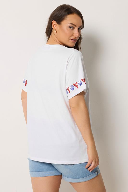 YOURS Plus Size White Embroidered Lobster Sleeve Detail T-Shirt | Yours Clothing 2