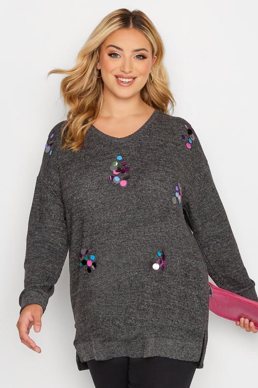 Plus Size  YOURS Curve Dark Grey Embellished Long Sleeve Knitted Top