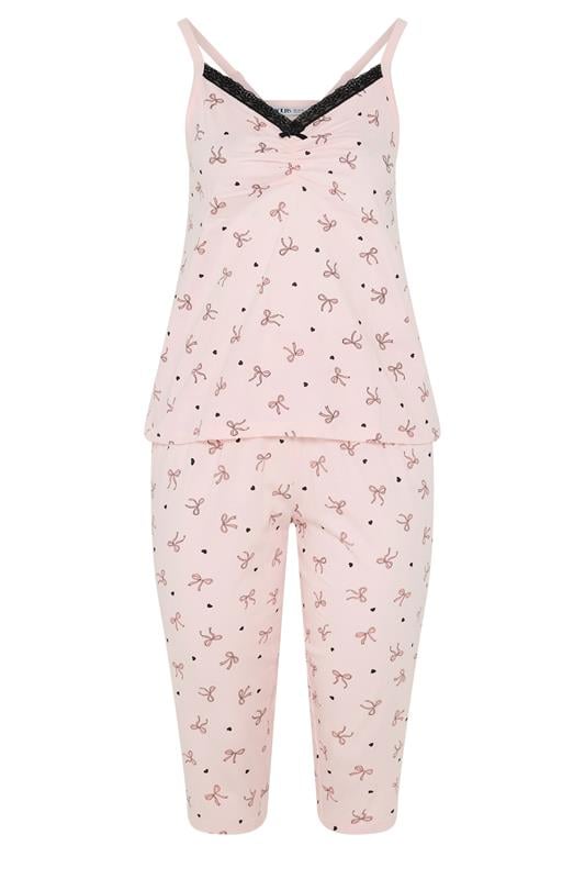 YOURS Plus Size Pink Bow & Heart Cami Cropped Pyjama Set | Yours Clothing 5