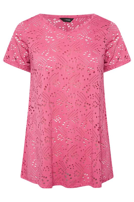 YOURS Curve Plus Size 2 PACK White & Pink Broderie Anglaise Swing V-Neck T-Shirt | Yours Clothing  10