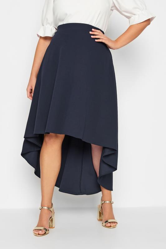 YOURS LONDON Plus Size Navy Blue Dipped Hem Skirt | Yours Clothing 1