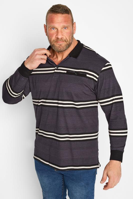 KAM Big & Tall Charcoal Grey Stripe Long Sleeve Polo Shirt | BadRhino 1