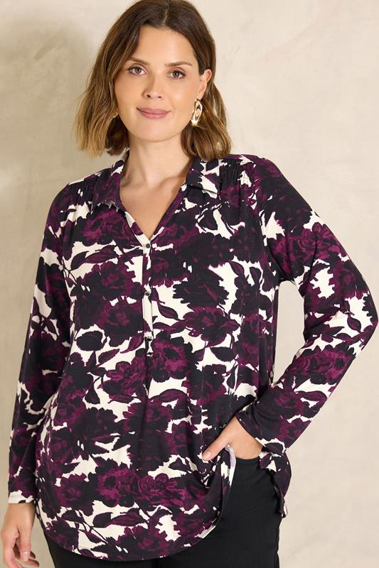  EVANS Curve Purple Blurred Floral Blouse