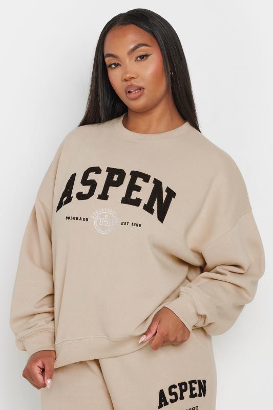 YOURS Plus Size Stone Brown 'Aspen' Slogan Sweatshirt | Yours Clothing  5