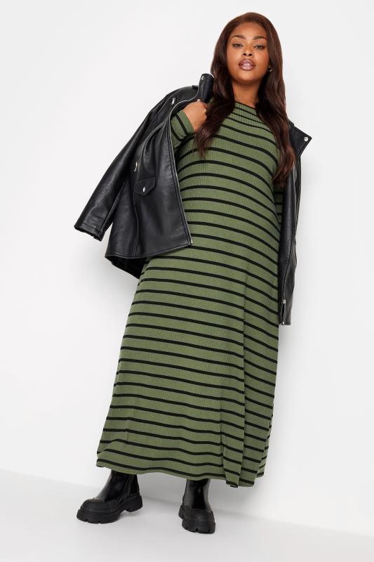 YOURS Curve Plus Size Khaki Green Stripe Ribbed Maxi Swing Dress | Yours Clothing  2