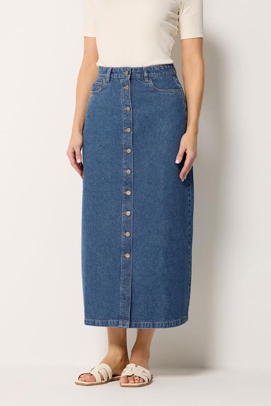 LTS Tall Women's Mid Blue Button Denim Maxi Skirt | Long Tall Sally 2