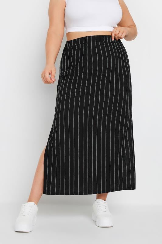 Plus Size  YOURS Curve Black Textured Pinstripe Maxi Skirt