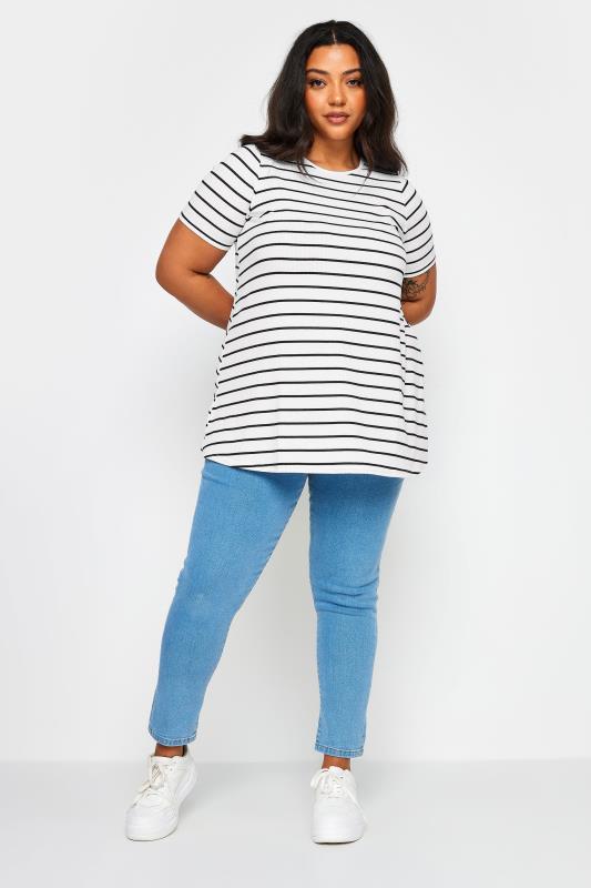 YOURS Plus Size White Stripe Ribbed T-Shirt | Yours Clothing 2