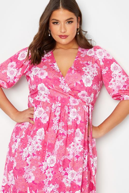 LIMITED COLLECTION Curve Plus Size Pink Floral Wrap Midaxi Dress | Yours Clothing  5