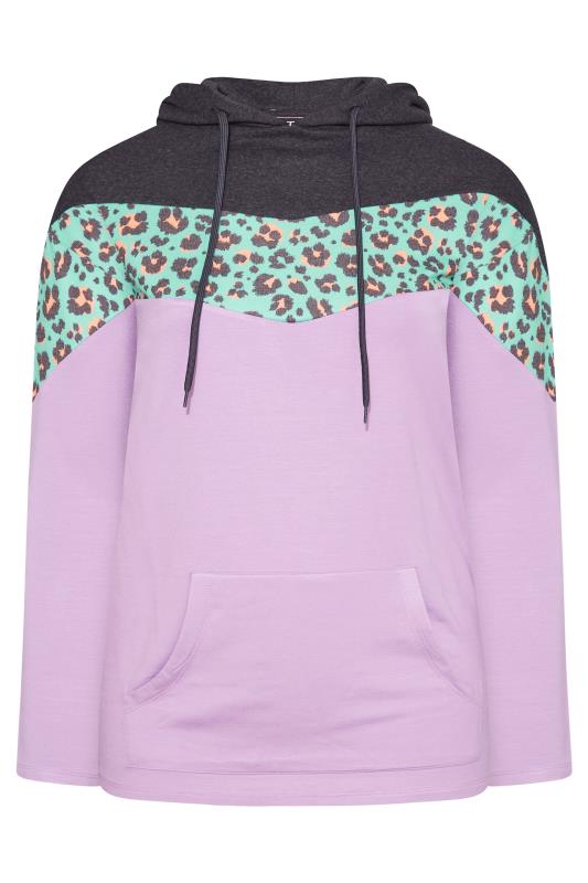 LTS Tall Women's Grey & Purple Leopard Print Colour Block Hoodie | Long Tall Sally 6