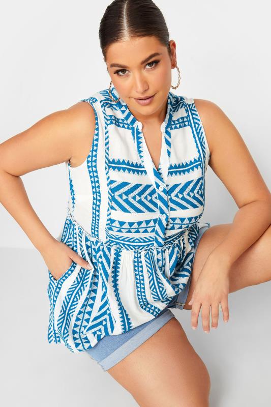 LIMITED COLLECTION Plus Size Blue Aztec Print Peplum Top | Yours Clothing 5