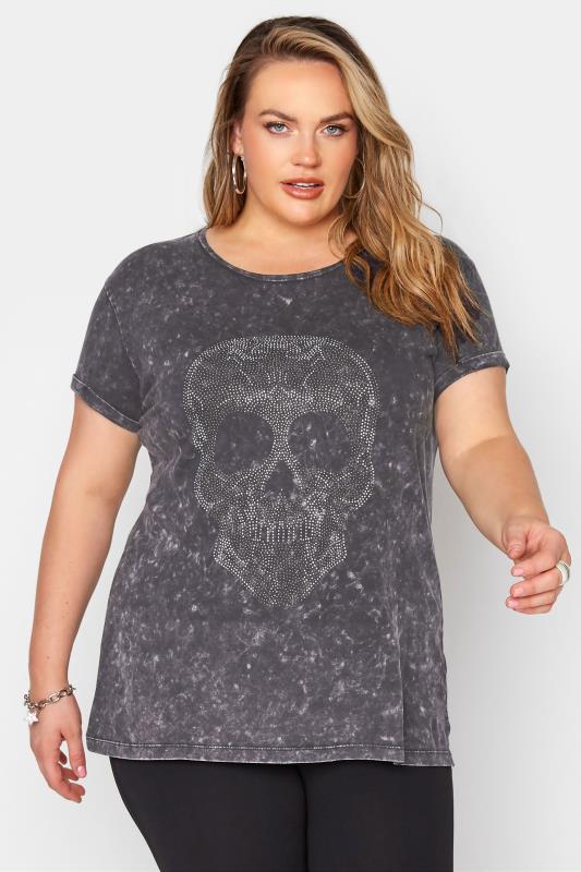  Grande Taille Curve Charcoal Grey Acid Wash Skull T-Shirt