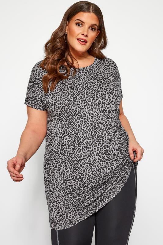ACTIVE Grey Leopard Print Top | Yours Clothing