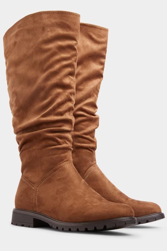 Tan Suedette Ruched Knee High Boots In Extra Wide Fit_8fc1.jpg