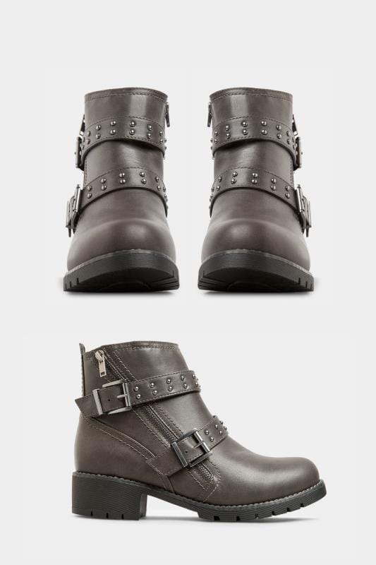 Grey Stud Strap Buckle Ankle Boots In Extra Wide EEE Fit 2